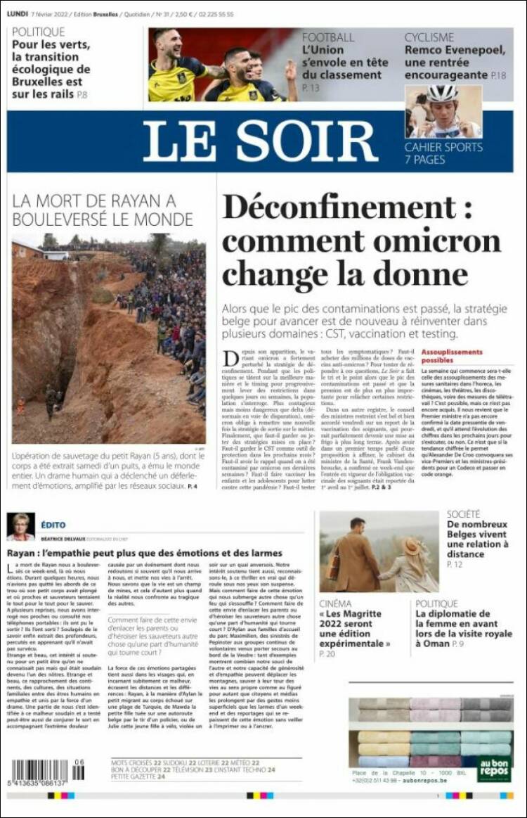 Portada de Le Soir (B&eacute;lgica)