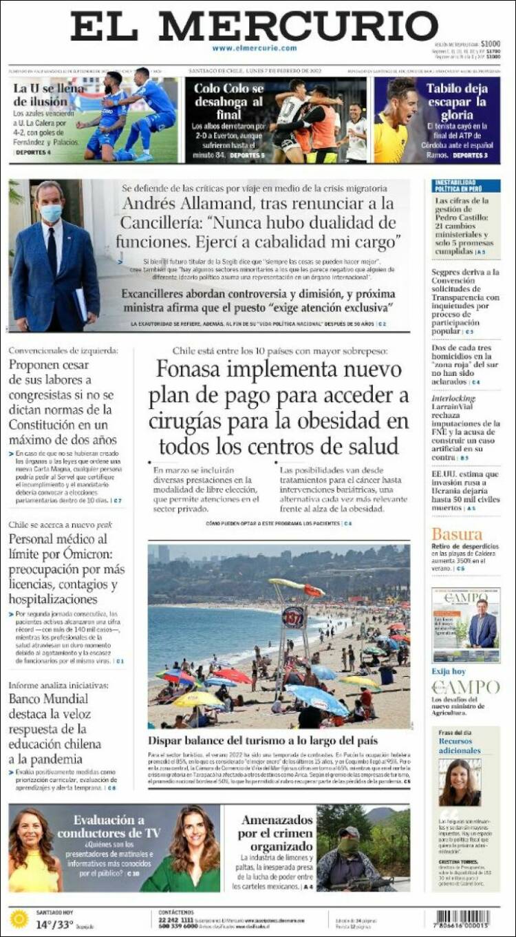 Portada de El Mercurio (Chile)