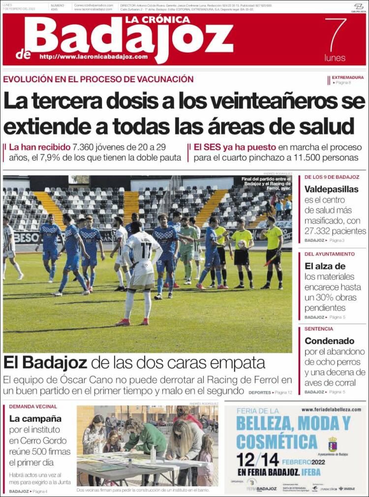 Portada de La Crónica de Badajoz (Espa&ntilde;a)