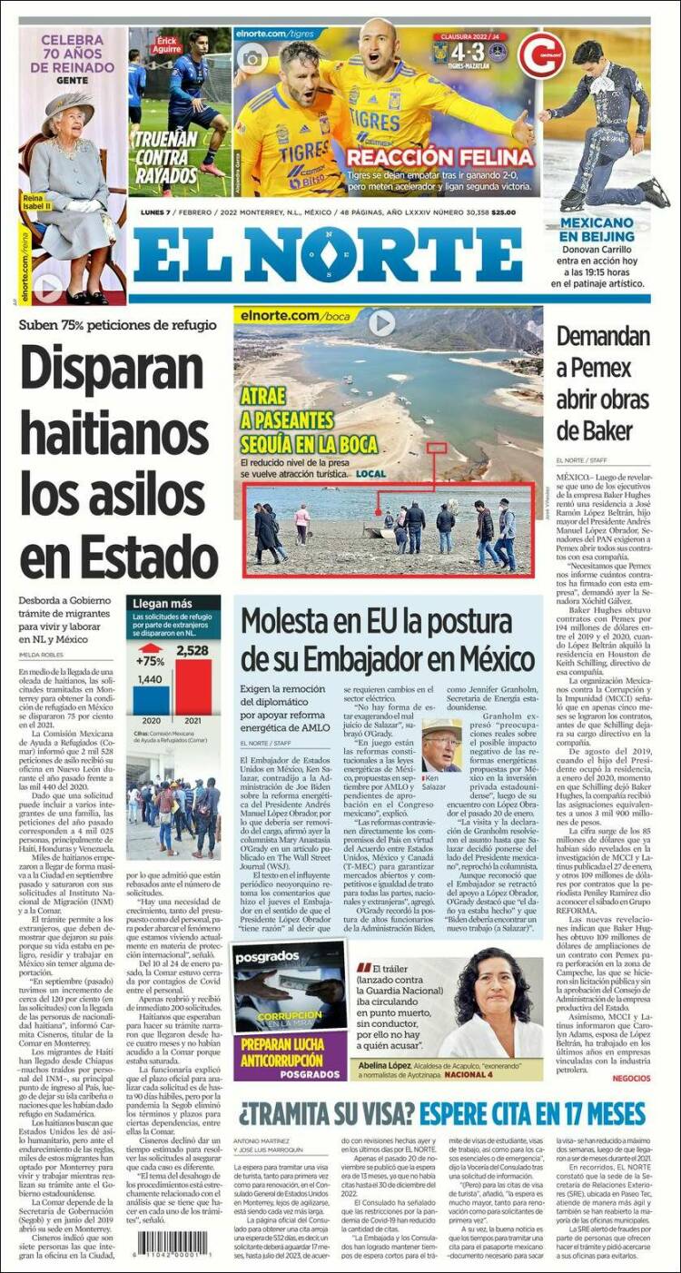 Periódico El Norte (México). Periódicos de México. Edición de lunes, 7 de  febrero de 2022. Kiosko.net