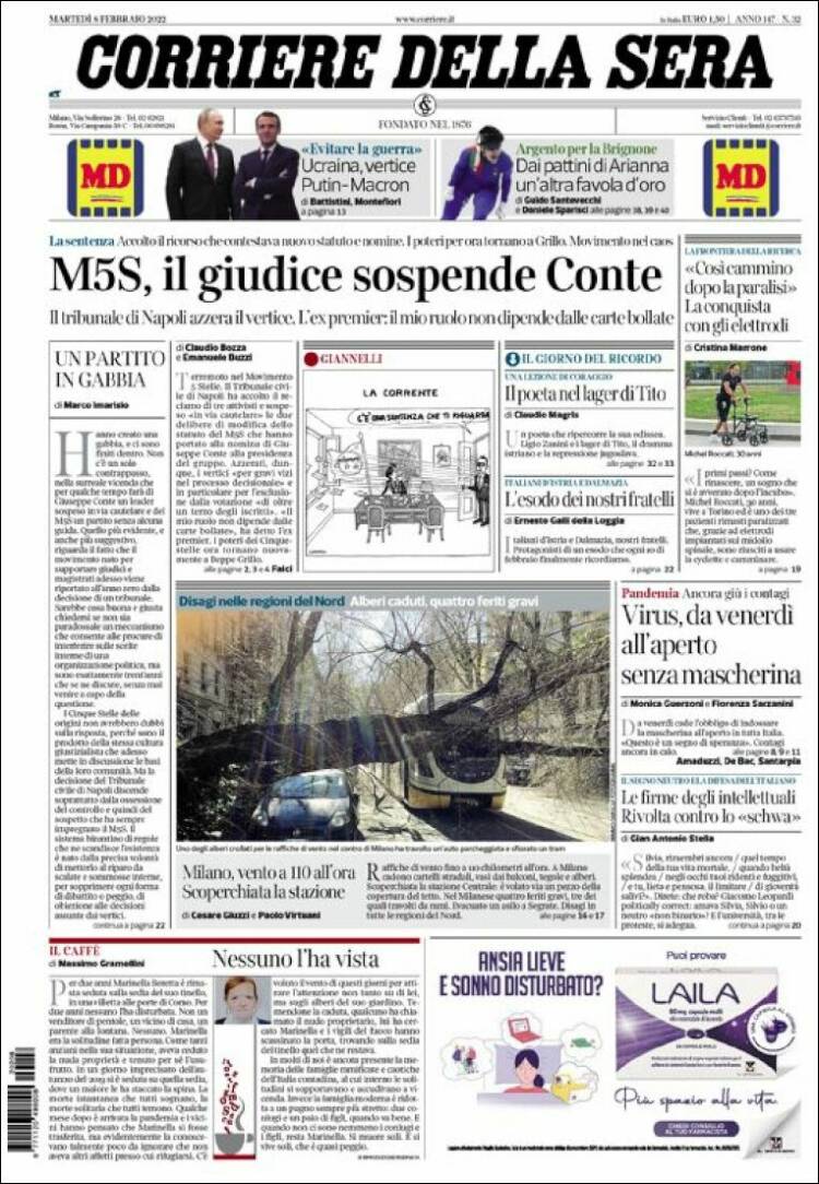 Portada de Corriere della Sera (Italia)