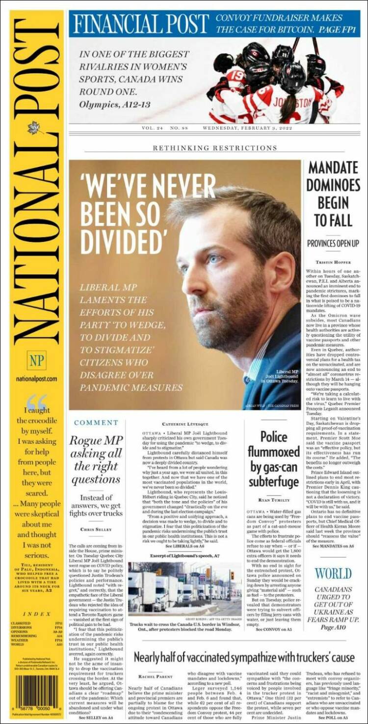 Portada de The National Post (Canadá)