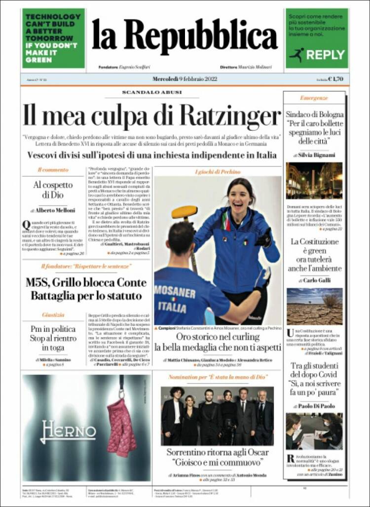 Portada de La Repubblica (Italia)