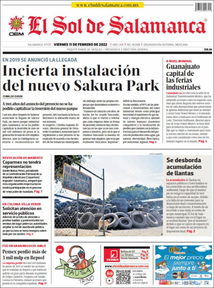 Portada de El Sol de Salamanca (M&eacute;xico)