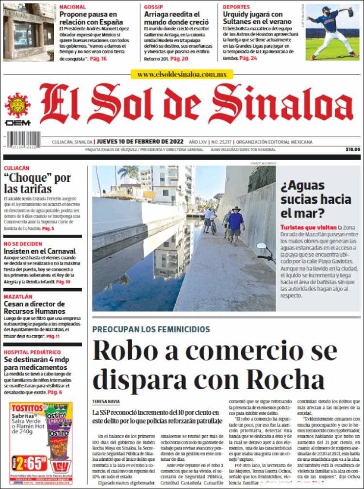 Portada de El Sol de Sinaloa (M&eacute;xico)