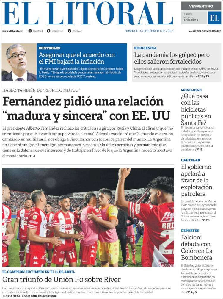 Portada de Diario El Litoral (Argentina)
