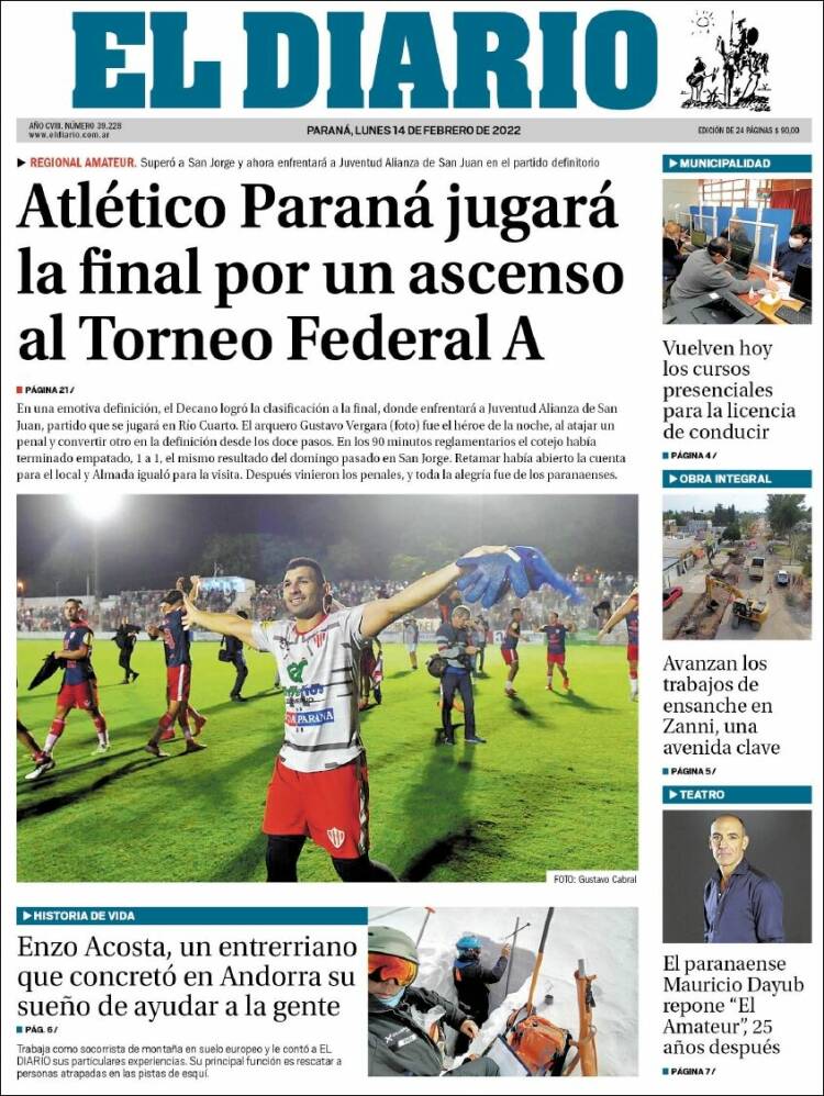 Portada de El Diario de Paraná (Argentina)