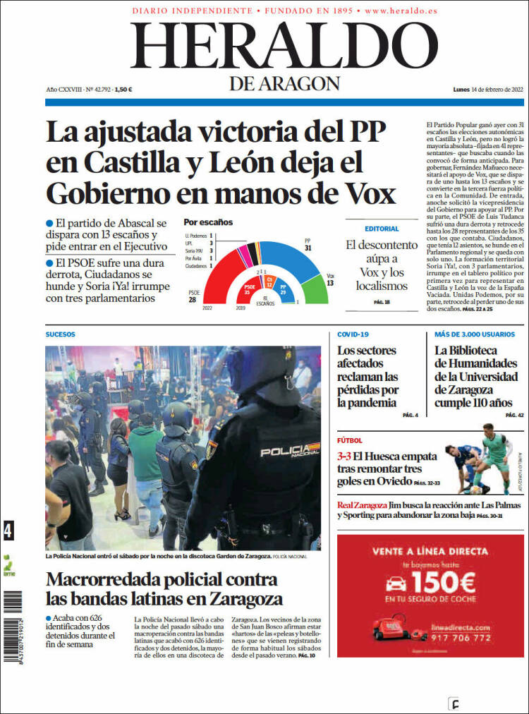 Portada de Heraldo de Aragón (España)