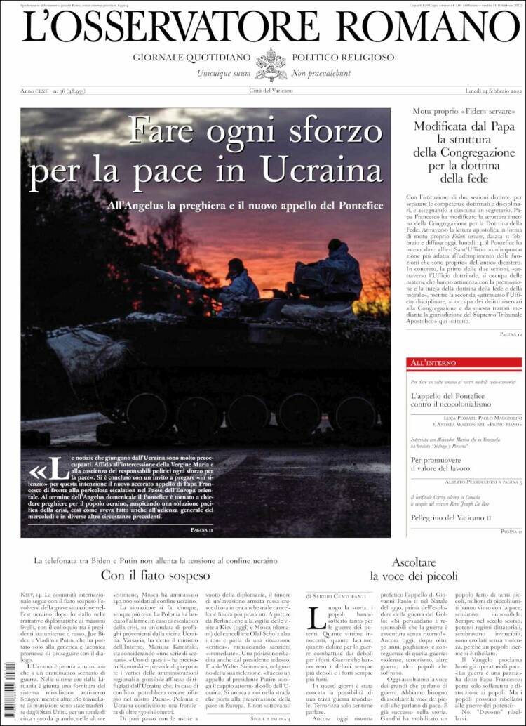 Portada de L'Osservatore Romano (Italia)