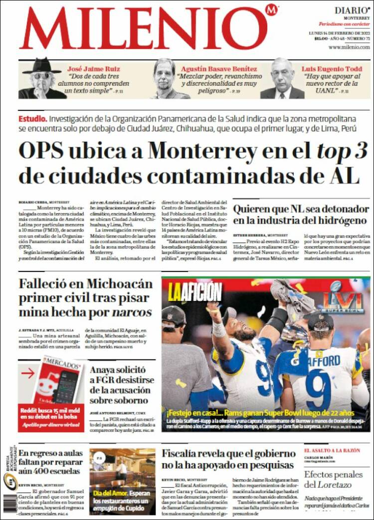 Portada de Milenio de Monterrey (México)