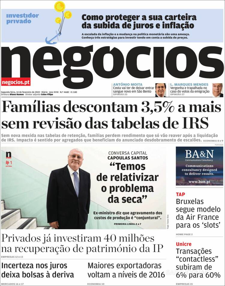 Portada de Jornal de Negócios (Portugal)