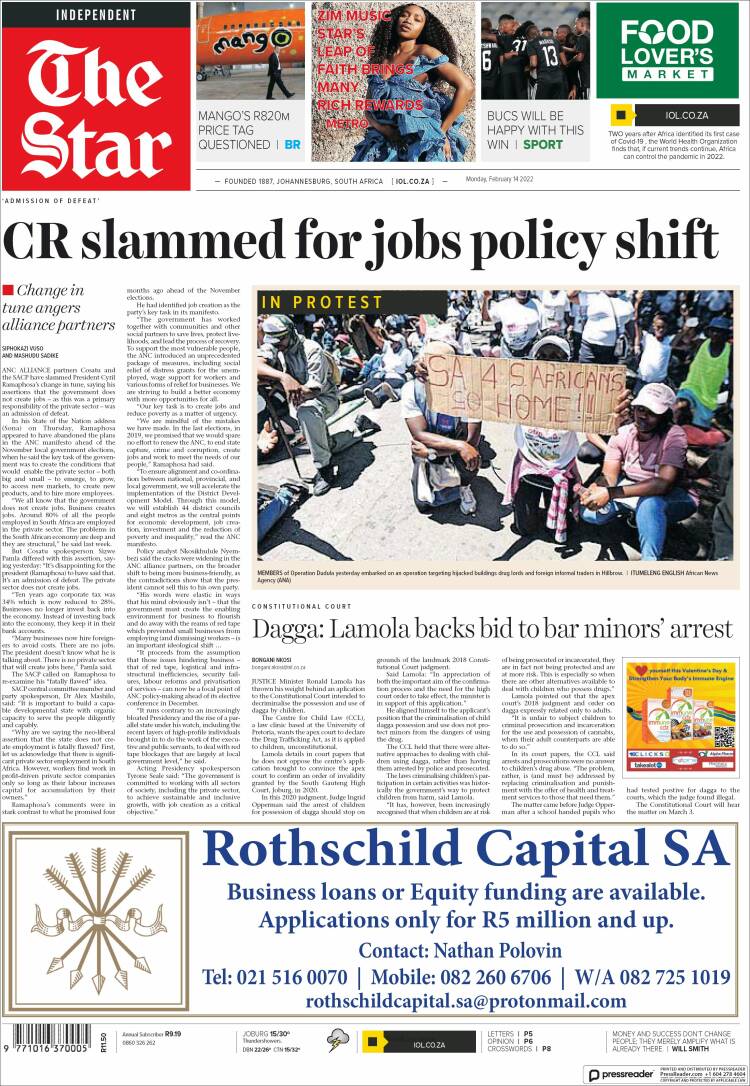 Portada de The Star (Sud&aacute;frica)