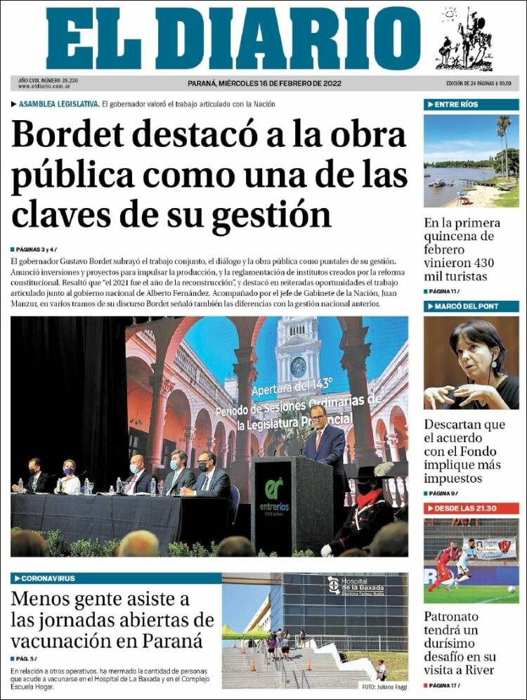 Portada de El Diario de Paraná (Argentina)