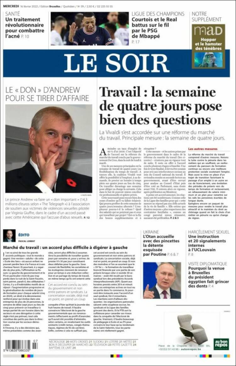 Portada de Le Soir (B&eacute;lgica)
