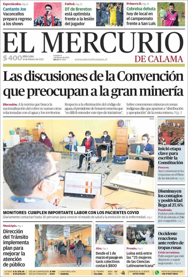 Portada de El Mercurio - Calama (Chile)