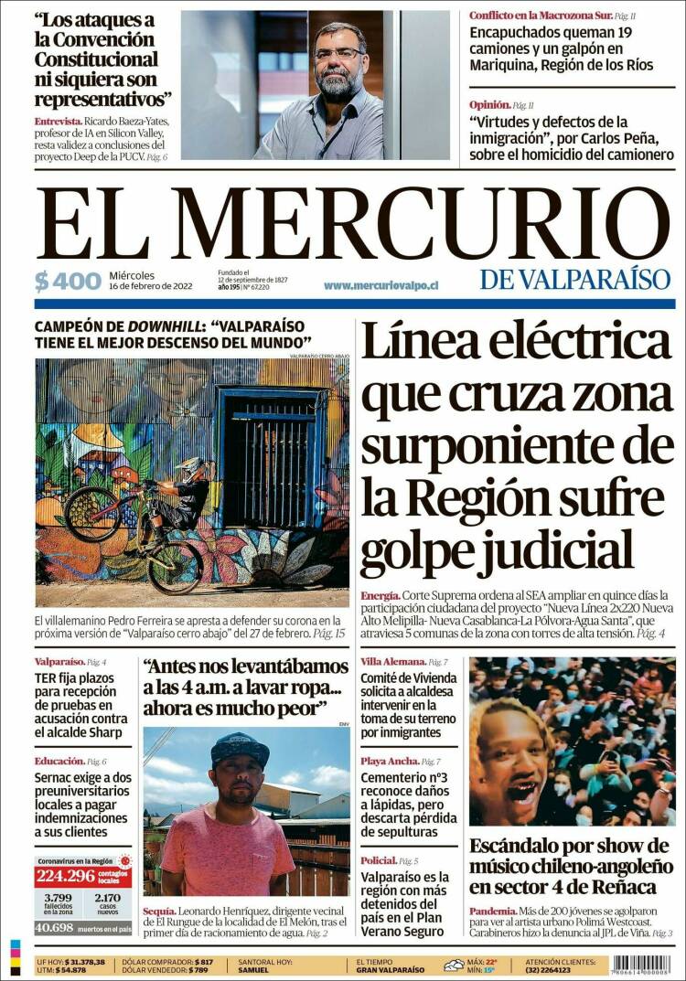 Portada de Mercurio de Valparaiso (Chile)