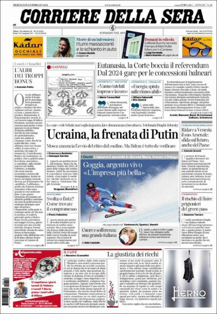 Portada de Corriere della Sera (Italia)