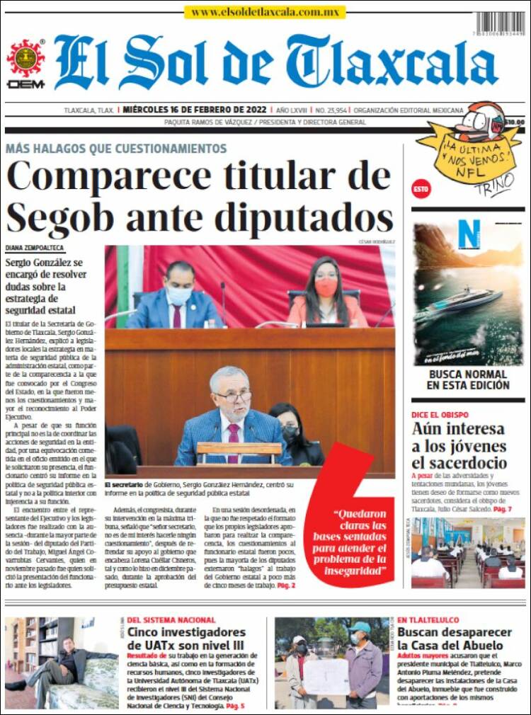 Portada de El Sol de Tlaxcala (M&eacute;xico)