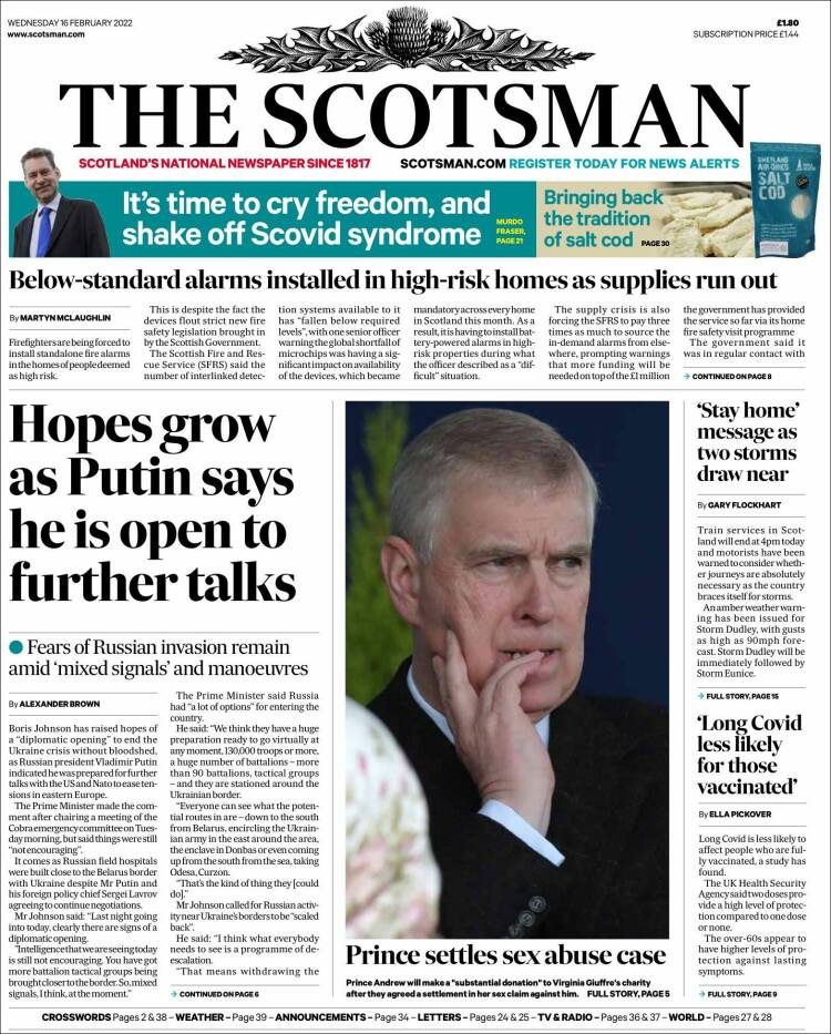 Portada de The Scotsman (Reino Unido)