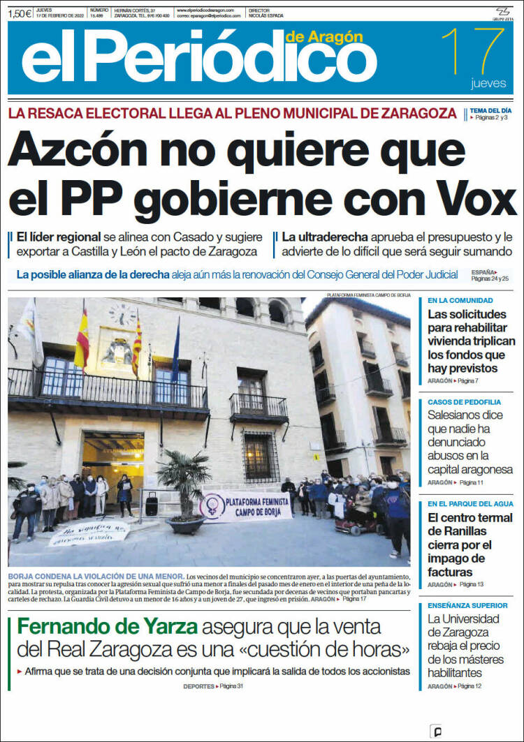 Portada de El Periódico de Aragón (España)