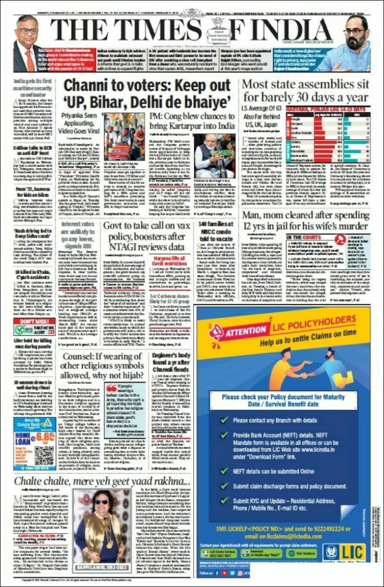 Portada de The Times of India (India)