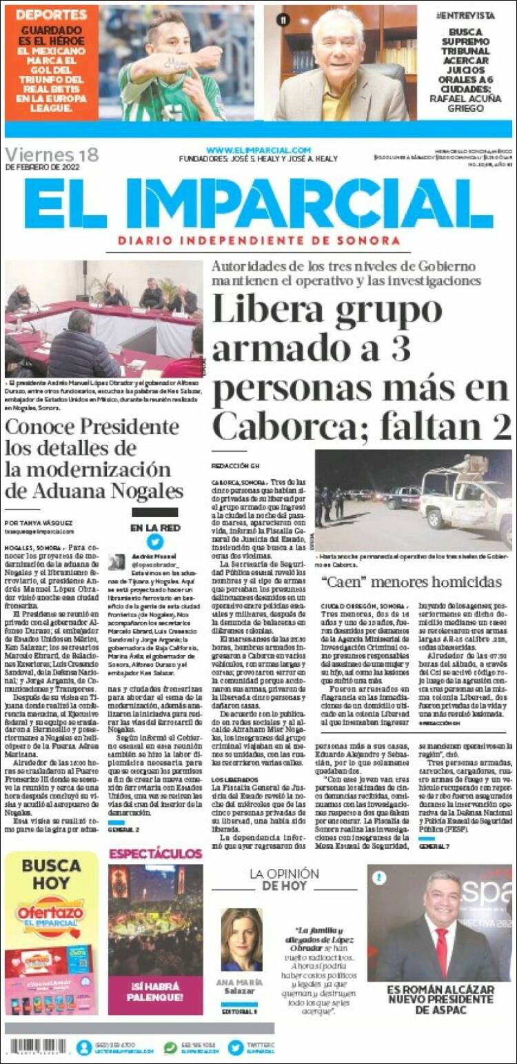 Periódico El Imparcial México Periódicos De México Edición De Viernes 18 De Febrero De 2022