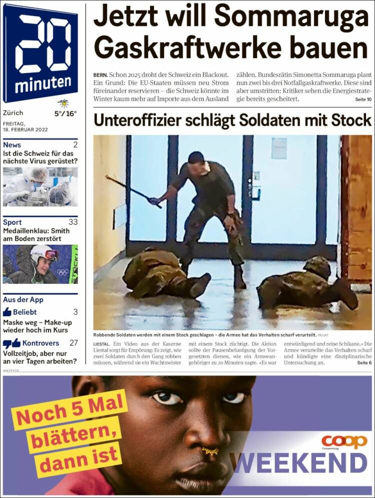 Portada de 20Minuten - Zürich (Suiza)