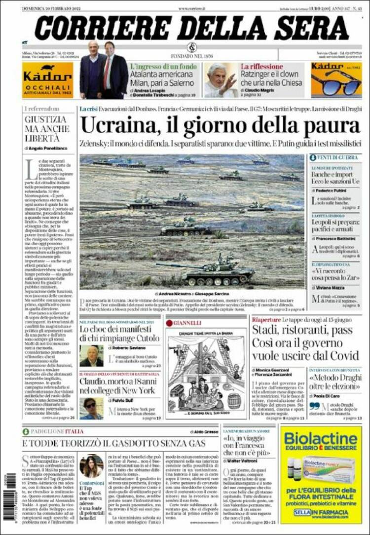 Portada de Corriere della Sera (Italia)