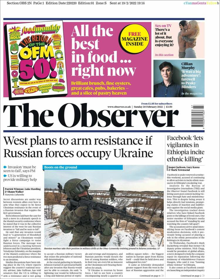 Portada de The Observer (Reino Unido)