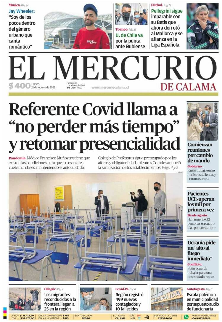 Portada de El Mercurio - Calama (Chile)