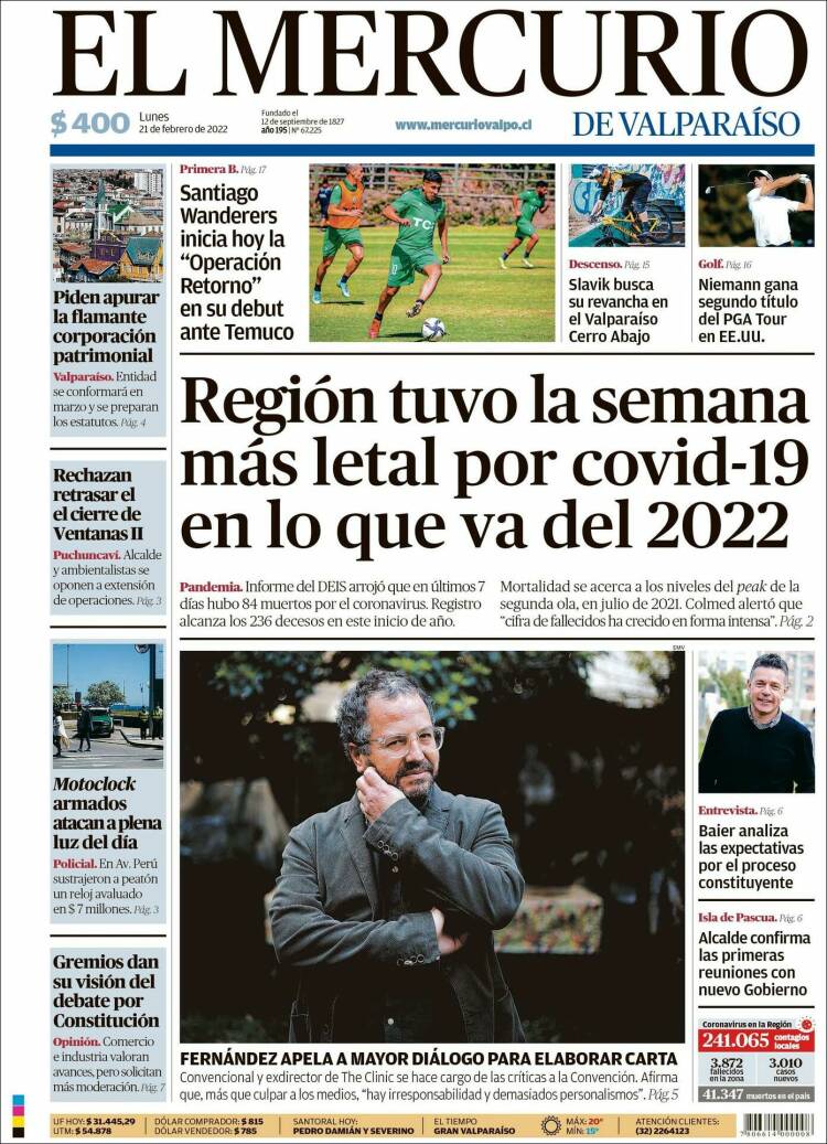 Portada de Mercurio de Valparaiso (Chile)