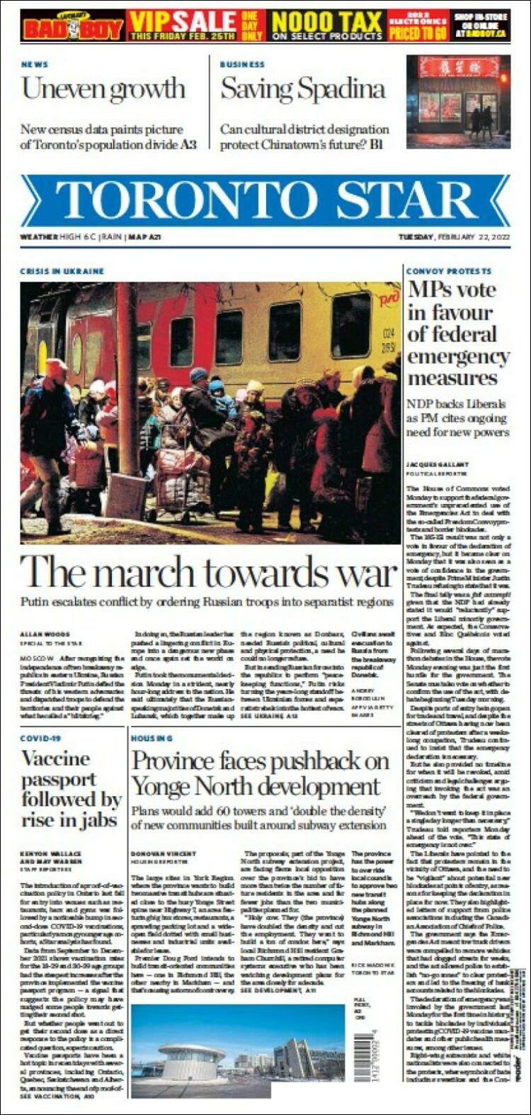 Portada de The Toronto Star (Canada)