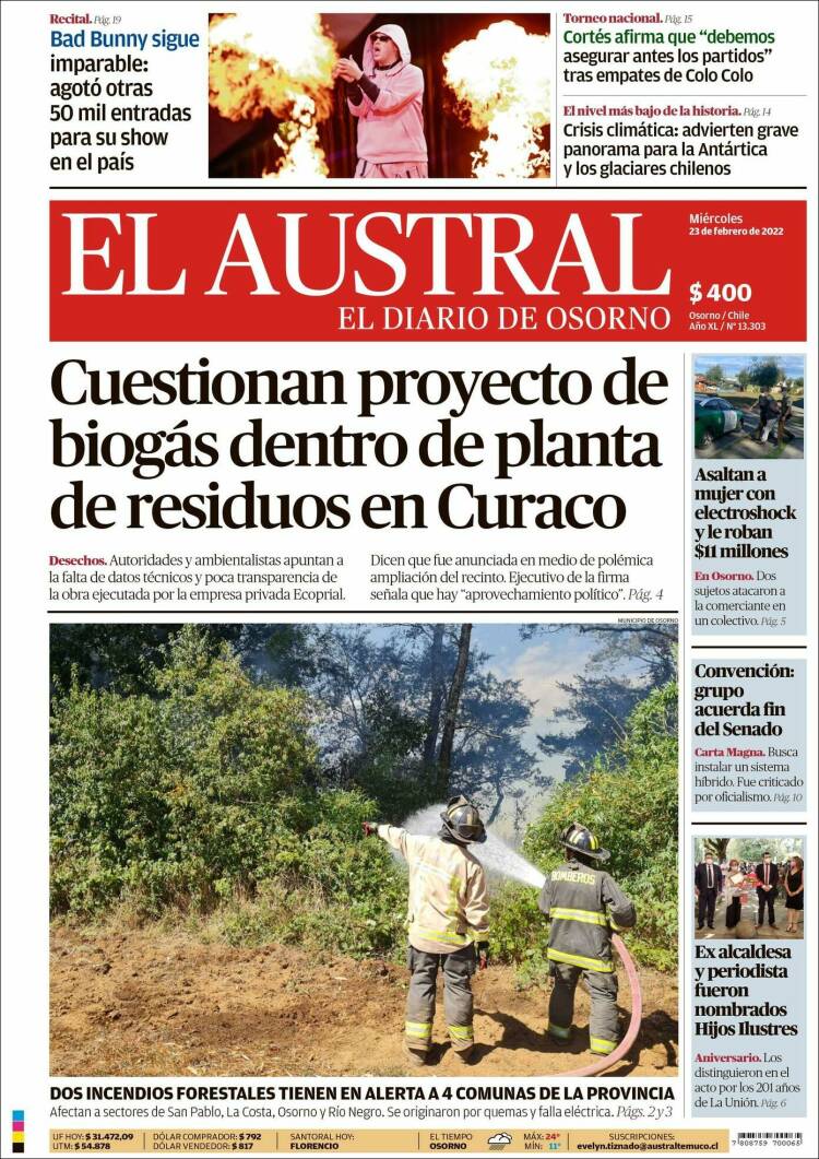 Portada de El Austral de Osorno (Chile)