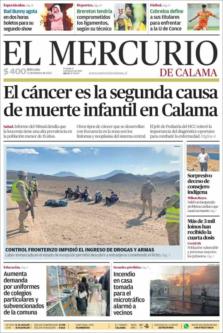 Portada de El Mercurio - Calama (Chile)
