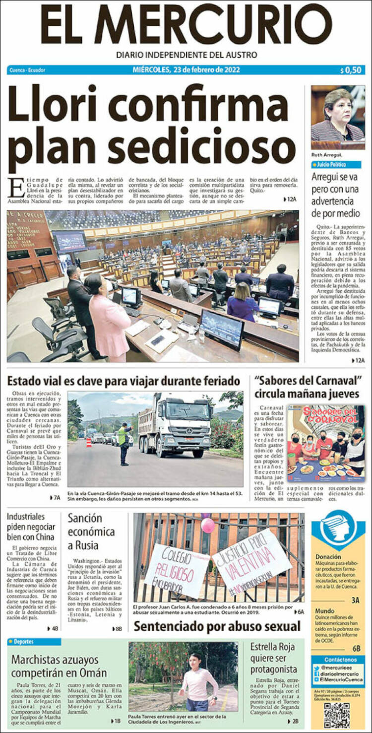 Portada de Diario El Mercurio (Ecuador)
