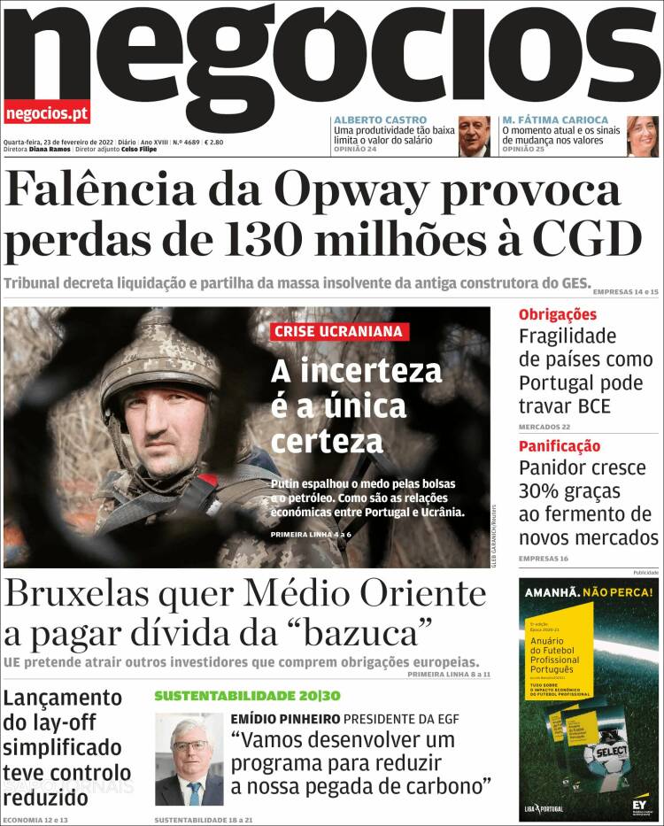 Portada de Jornal de Negócios (Portugal)