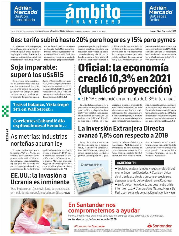 Portada de Diario Ambito Financiero (Argentina)