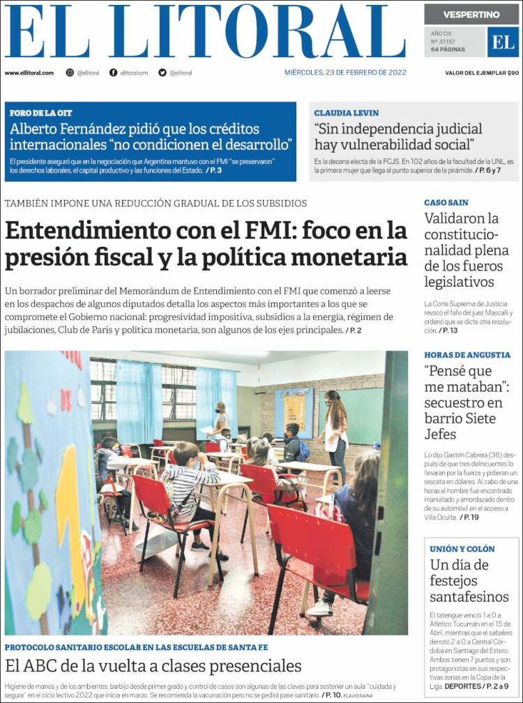 Portada de Diario El Litoral (Argentina)
