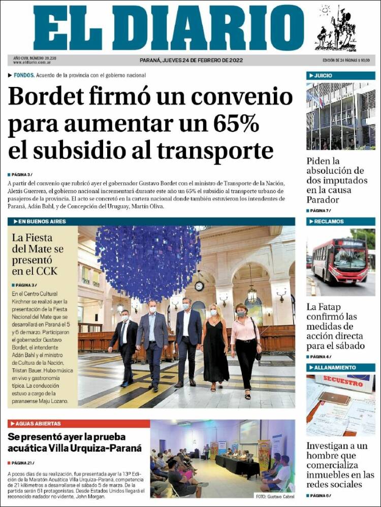 Portada de El Diario de Paraná (Argentina)