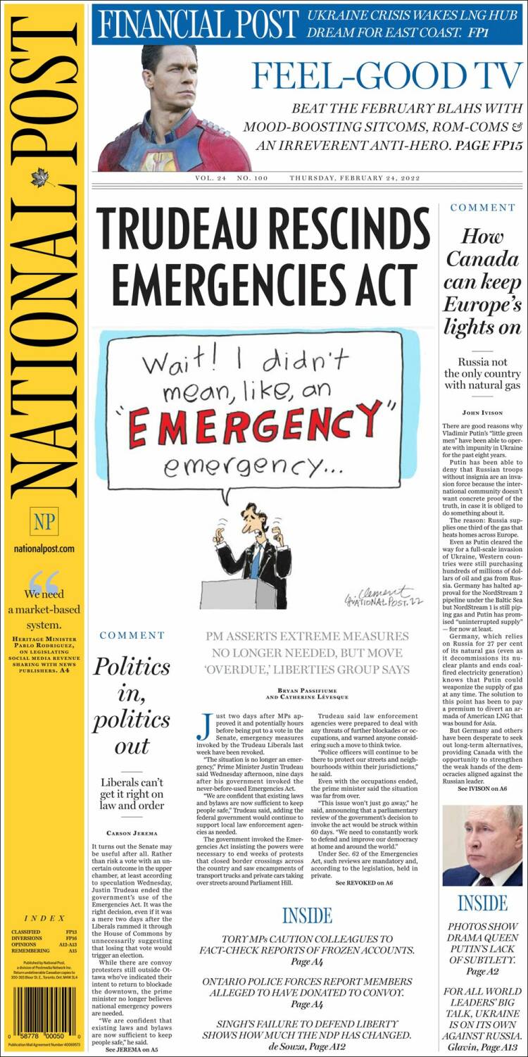 Portada de The National Post (Canadá)