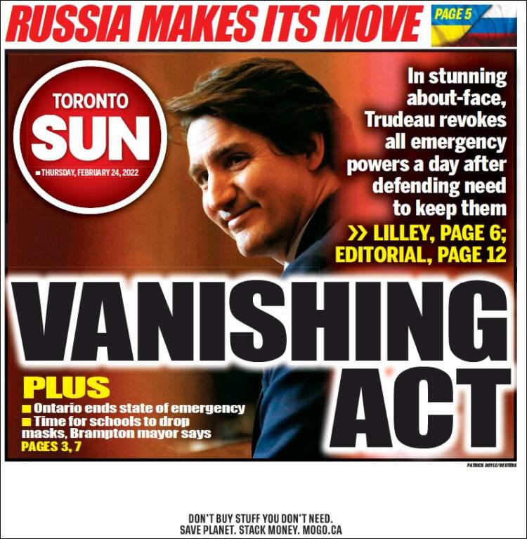 Portada de The Toronto Sun (Canadá)