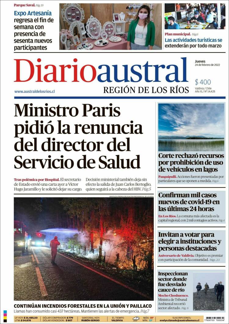 Portada de El Diario Austral de Valdivia (Chile)