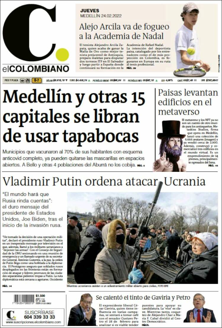 Portada de El Colombiano (Colombia)