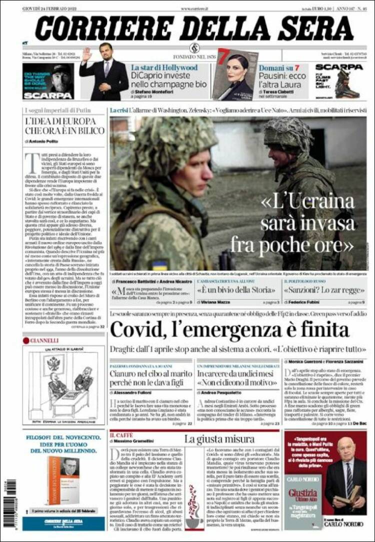 Portada de Corriere della Sera (Italia)