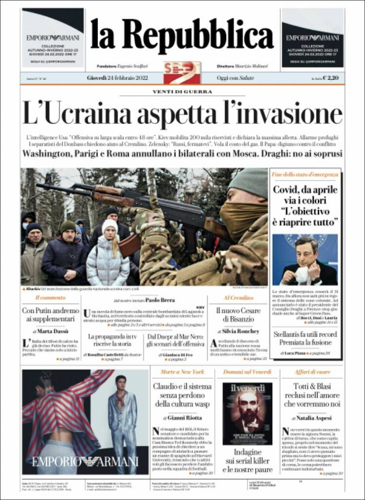Portada de La Repubblica (Italia)