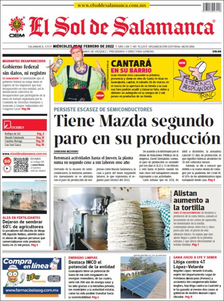 Portada de El Sol de Salamanca (M&eacute;xico)