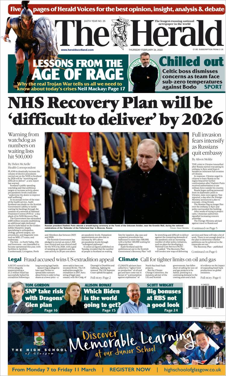 Portada de The Herald (Reino Unido)