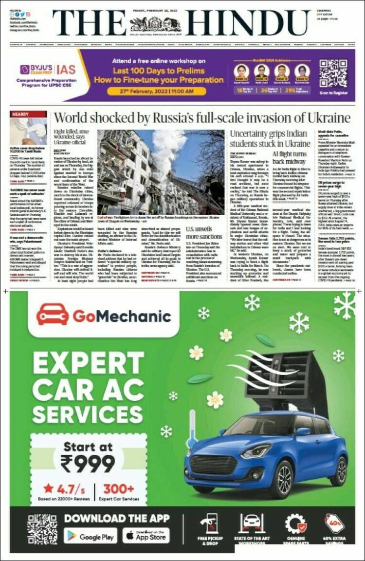 Portada de The Hindu (India)