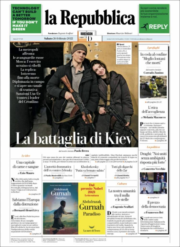 Portada de La Repubblica (Italie)