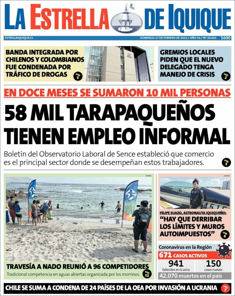 Portada de La Estrella de Iquique (Chile)